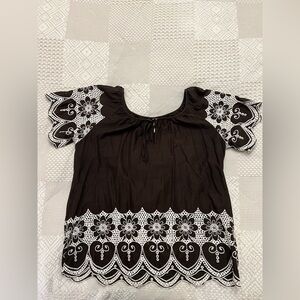 Chenault Brown and White Floral Blouse top embroidered size S